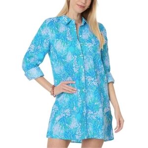 Lilly Pulitzer Blue White and Green Button Down 100% Linen Long Shirt